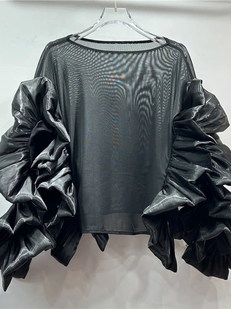 Women White Mesh Perspective Ruffles Big Size T-shirt New Round Neck Long Sleeve Fashion Tide Spring Autumn 2025 1DJ0036