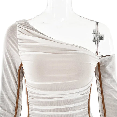 Load image into Gallery viewer, Diagonal Collar Long Sleeve Midi Dress For Women Two Layer Mesh Backless Ruched Bodycon Club Party Sexy Long Dress
