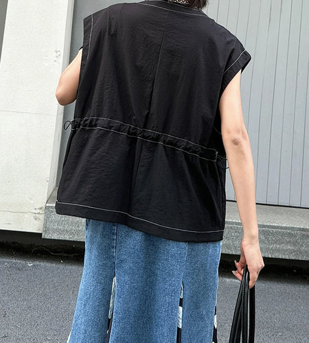 Women Black Pocket Back Drawstring Big Size T-shirt New Round Neck Sleeveless Fashion Tide Spring Summer 2025 1DJ1617
