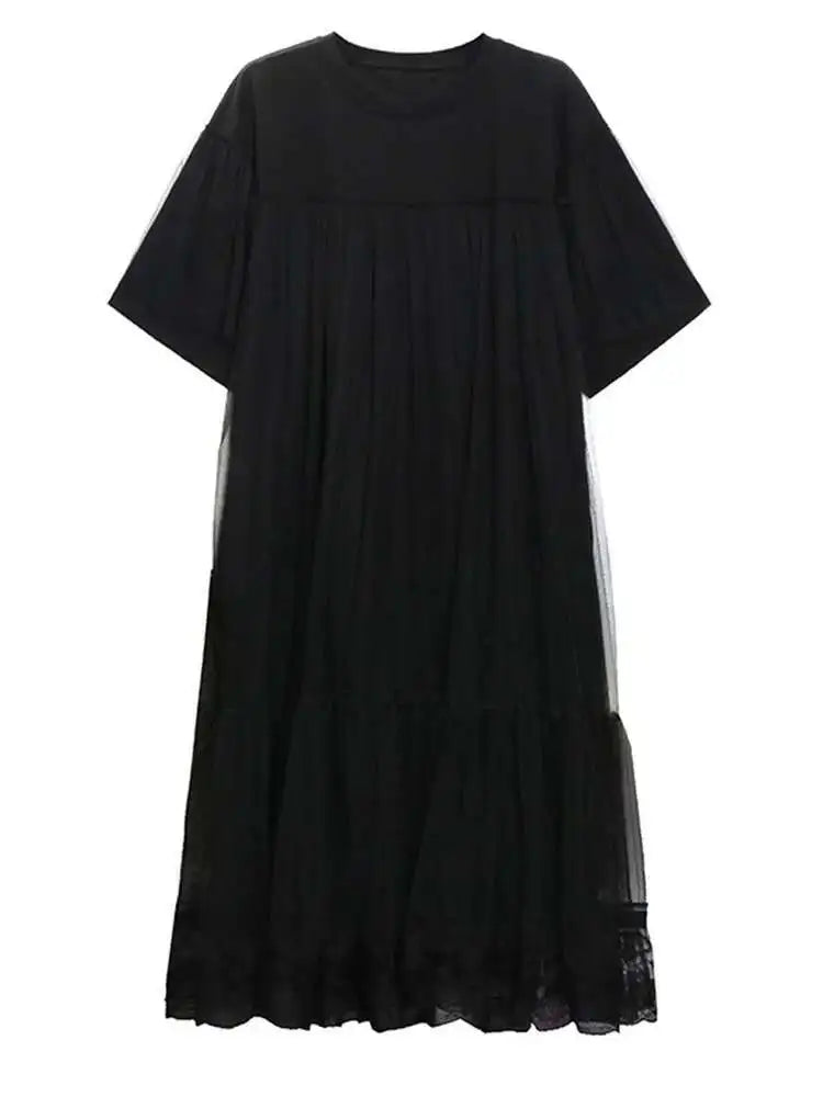 Women Black Mesh Spliced  Elegant Big Size Midi Dress New Round Neck Short Sleeve Fashion Tide Spring Summer 2025 1DH5056