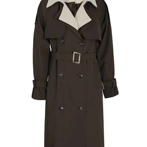 Load image into Gallery viewer, Women Brown Color-block Big Size Long Trench New Lapel Long Sleeve Windbreaker Fashion Tide Spring Autumn 2025 2AA310104
