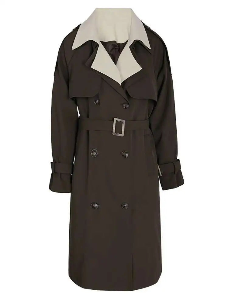 Women Brown Color-block Big Size Long Trench New Lapel Long Sleeve Windbreaker Fashion Tide Spring Autumn 2025 2AA310104