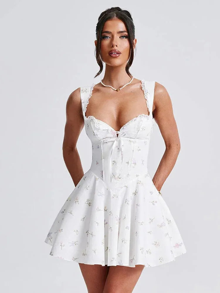 Sexy Sleeveless Deep V Backless Pleated Women Dress 2024 Autumn New Hip Skirt Bodycon Sexy Slim Fit Printed Lace Dress