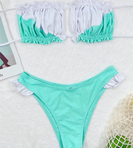 Bandeau Pleated Ruched Bikini Female Swimsuit Women Swimwear Green Patchwork Biquini Two Pieces Bathing Suit