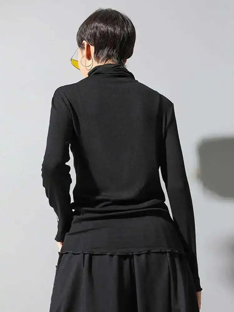 Women Black High Elastic Letter Slim Casual T-shirt New Turtleneck Long Sleeve Fashion Tide Spring Autumn 2025 1DF4640