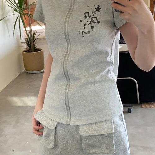 Load image into Gallery viewer, Kawaii Rabbit Ear Zipper T-shirts Y2k Aesthetic Slim Streetwear Korean Fashion Tees Short Sleeve Fairy Harajuku Hoody Top Women

