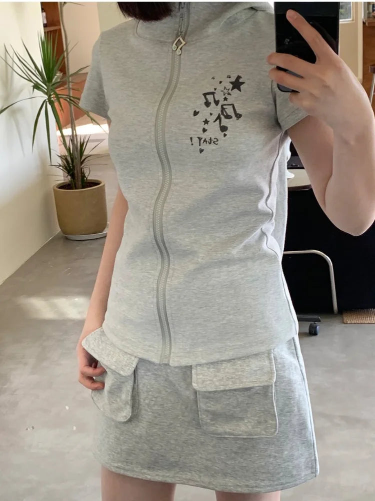 Kawaii Rabbit Ear Zipper T-shirts Y2k Aesthetic Slim Streetwear Korean Fashion Tees Short Sleeve Fairy Harajuku Hoody Top Women