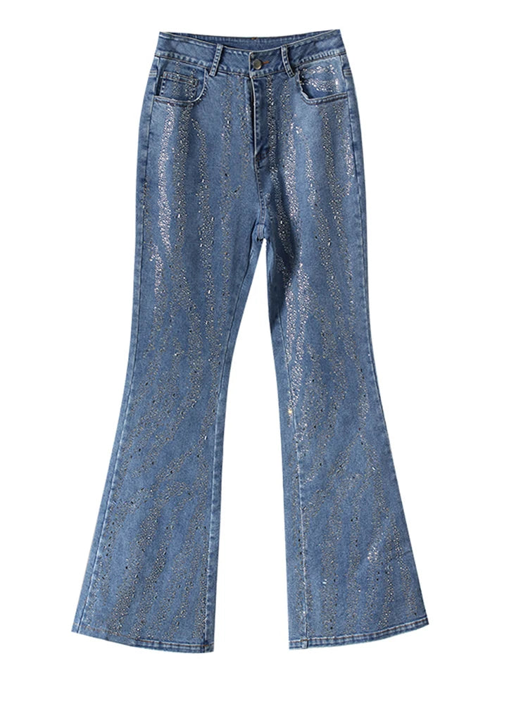 High Waist Blue Denim Long Rhinestones Shining Flare Jeans New Women Trousers Fashion Tide Spring Autumn 2025 7AB9027