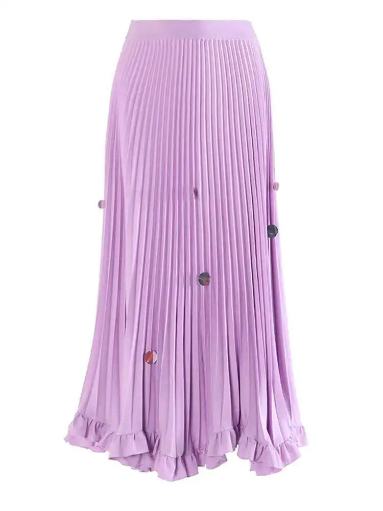 High Elastic Waist Khaki Pleated Elegant Sequins A-line Half-body Skirt Women Fashion Tide New Spring Autumn 2025 1DH8169