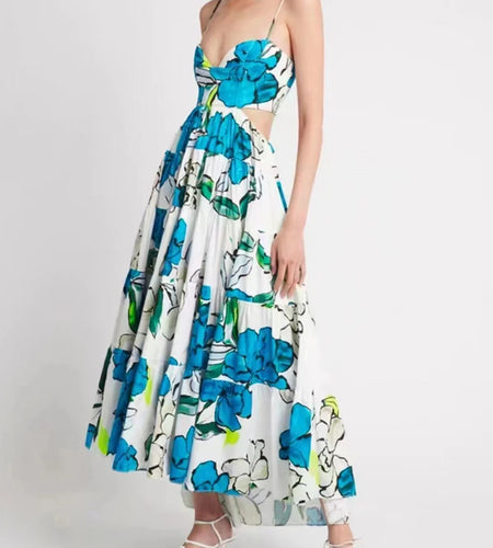 Cut Out Loose Midi Dress For Women V Neck Sleeveless High Waist Sexy Print Colorblock Dresses Female Summer Clothes 2022 New