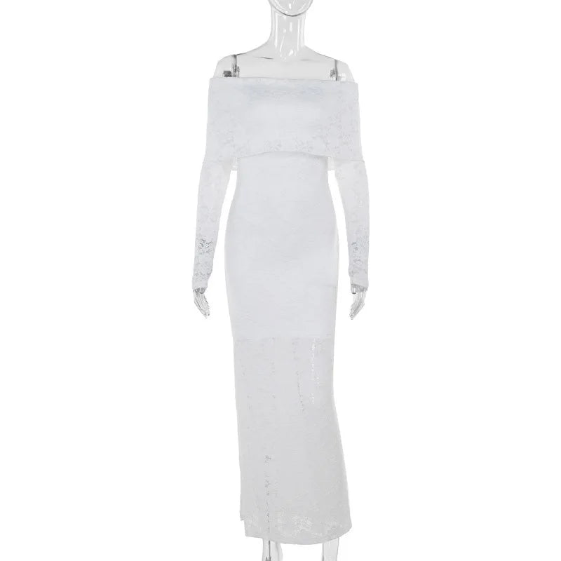 Lace Off-shoulder Sexy Maxi Dress For Women White Strapless Long Sleeve Backless Bodycon Club Party Sexy Long Dress