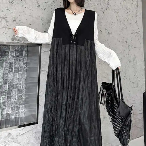 Load image into Gallery viewer, Women Black Bandage Pleated Spliced Big Size Midi Dress New V-Neck Sleeveless Fashion Tide Spring Autumn 2025 1DJ077701

