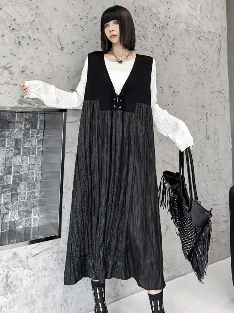 Women Black Bandage Pleated Spliced Big Size Midi Dress New V-Neck Sleeveless Fashion Tide Spring Autumn 2025 1DJ077701