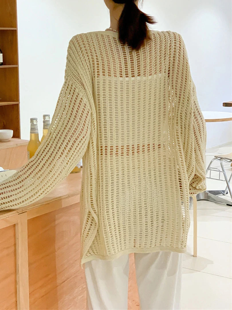 Green Hollow Out Big Size Knitting Sweater Round Neck Long Sleeve Women Pullovers New Fashion Spring Autumn 2025 1DJ1621