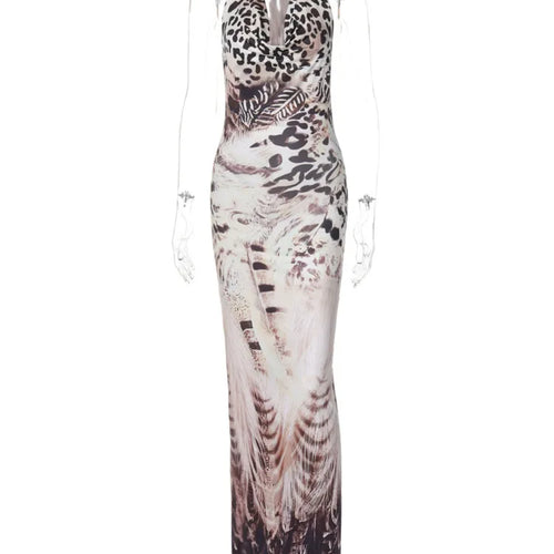 Load image into Gallery viewer, Backless Print V-neck Lace Up Sexy Maxi Dress For Women Slim Fit Sleeveless Hollow Out Dress Vacation Outfit Autumn
