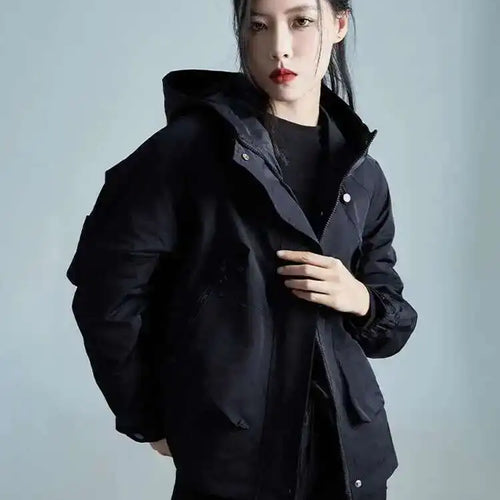 Load image into Gallery viewer, Black Big Size Loose Fit Pocket Casual Jacket New Hooded Long Sleeve Women Coat Fashion Tide Spring Autumn 2025 1DH3240
