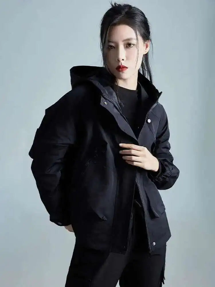 Black Big Size Loose Fit Pocket Casual Jacket New Hooded Long Sleeve Women Coat Fashion Tide Spring Autumn 2025 1DH3240