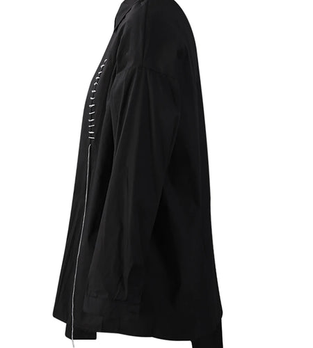 Women Black Topstitched Irregular Big Size Blouse New Lapel Long Sleeve Shirt Fashion Tide Spring Autumn 2025 30A2056