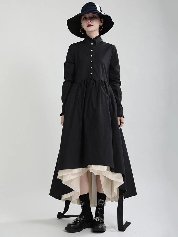Women Black Layers Irregular Long Elegant Dress New Stand Collar Long Sleeve Fashion Tide Spring Autumn 2025 1DH9894