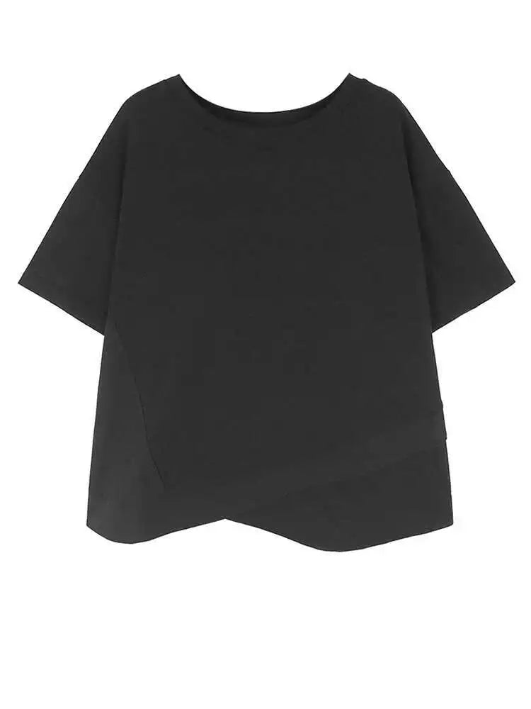 Women Green Color-block Big Size Irregular T-shirt New Round Neck Short Sleeve Fashion Tide Spring Summer 2025 1DH6013