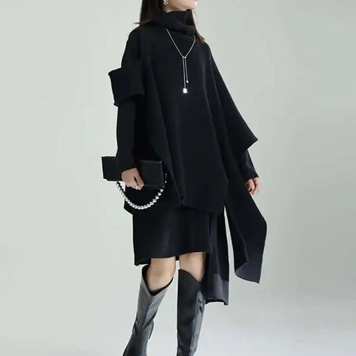 Load image into Gallery viewer, Women Gray Irregular Design Knitting Dress New Turtleneck Long Sleeve Loose Fit Fashion Tide Spring Autumn 2025 1DF2618
