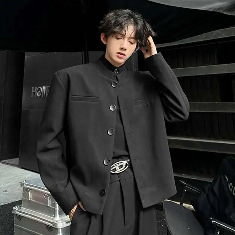 Stylish Men's Suit Jackets Stand Collar Single Breasted Shoulder Padded Slim Casual Thickened Male Short Blazers 9W223