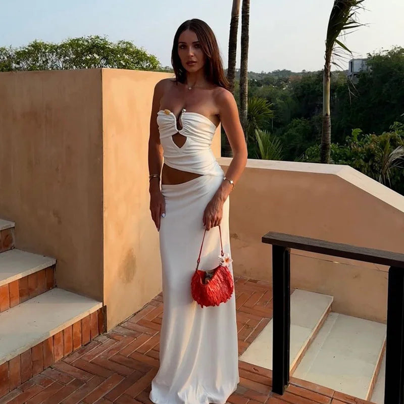 Strapless Hollow Out Sexy Maxi Dress Women Gown Summer New Off-shoulder Backless Sleeveless Beach Club Long Dress