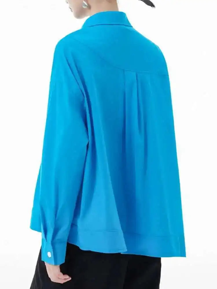 Women Blue Big Size Irregular Casual Blouse New Lapel Long Sleeve Loose Fit Shirt Fashion Tide Spring Autumn 2025 1DH3555