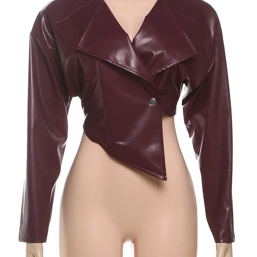 Load image into Gallery viewer, Classic Hipster Crop Jacket Women Irregular Single Buckle Button Faux Leather Autumn Wild Sexy Basic Cross Neck Coat
