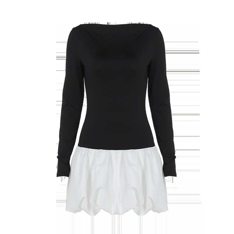 Patchwork Long Sleeve Sexy Mini Dress For Women Color Contrast High Waist A-line Club Party Sexy Puffy Dress Elegant