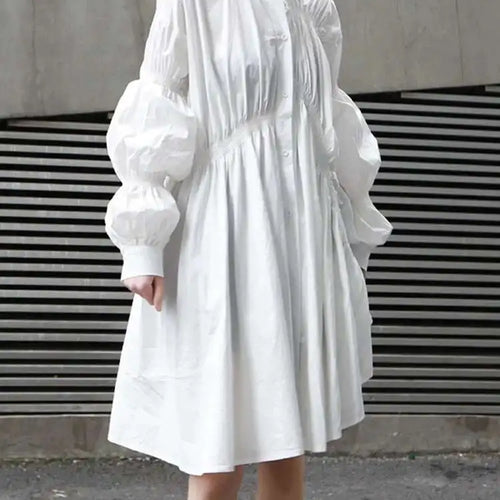 Load image into Gallery viewer, Women Blue Irregular Pleated Big Hem Shirt Dress New Stand Neck Long Sleeve Loose Fashion Tide Spring Autumn 2025 1DF9549
