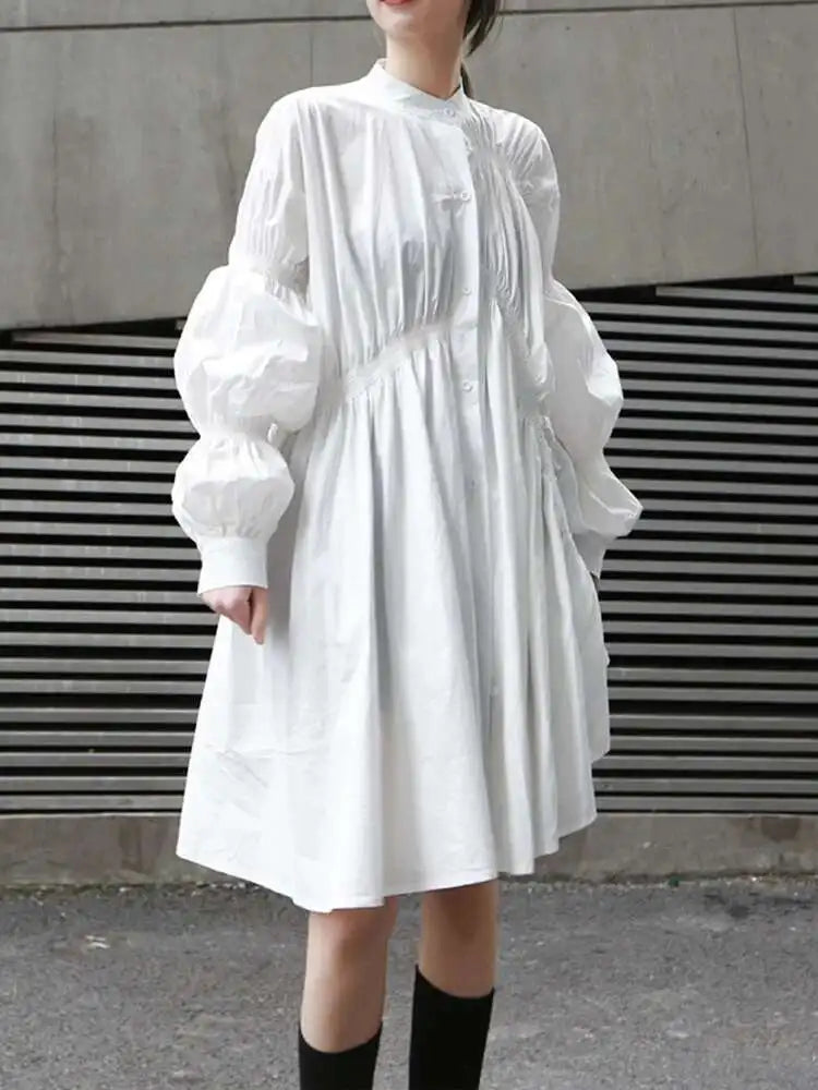 Women Blue Irregular Pleated Big Hem Shirt Dress New Stand Neck Long Sleeve Loose Fashion Tide Spring Autumn 2025 1DF9549