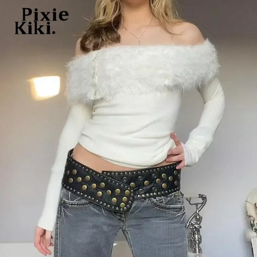 Load image into Gallery viewer, Fluffy Faux Fur Patchwork Ribbed Long Sleeve Top Y2k Cutecore White Fitted T Shirt for Women Winter Clothes P84-EZ30
