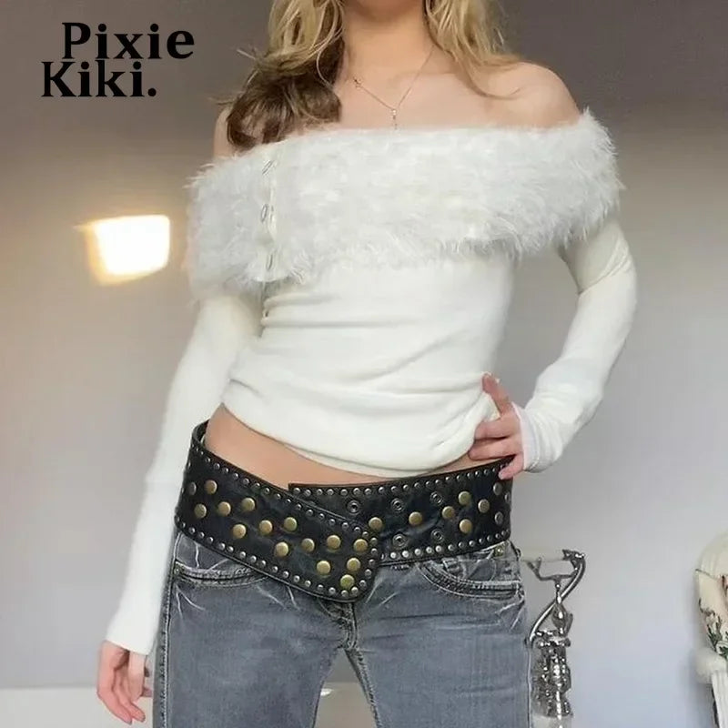 Fluffy Faux Fur Patchwork Ribbed Long Sleeve Top Y2k Cutecore White Fitted T Shirt for Women Winter Clothes P84-EZ30