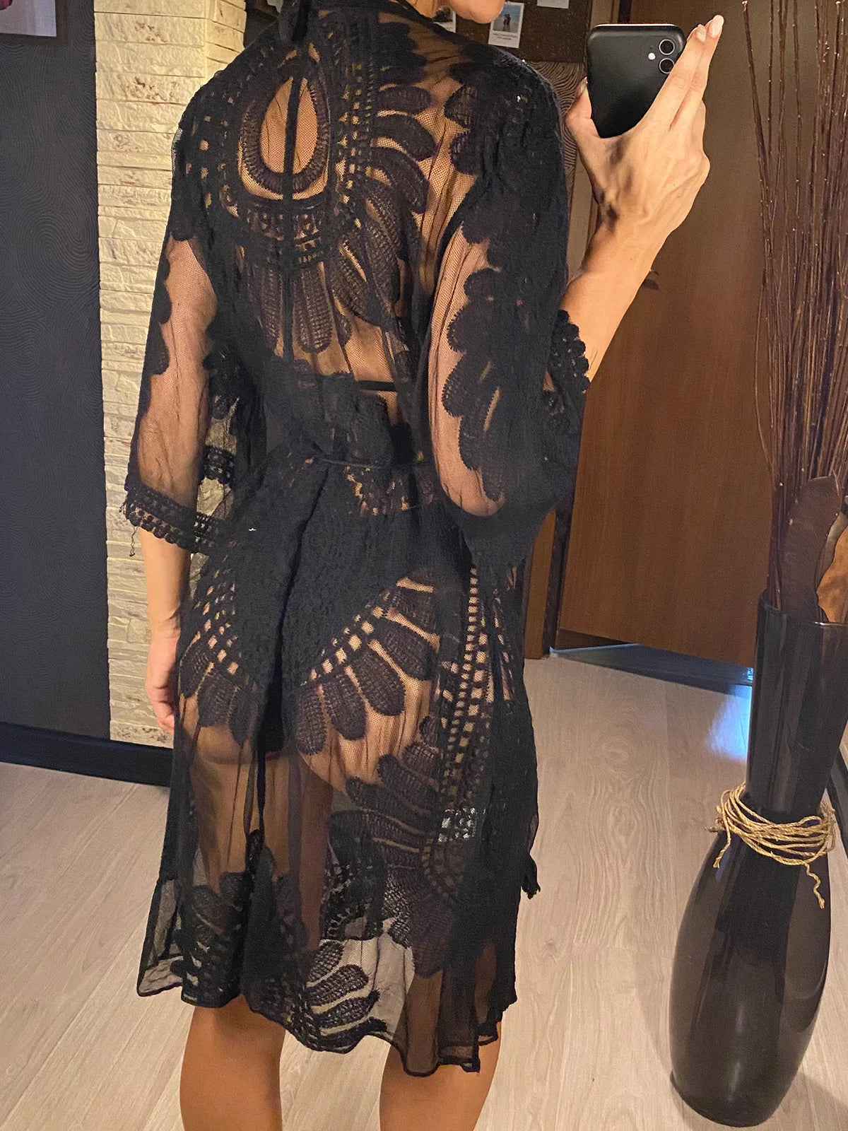 Sexy Embroidery Half Sleeve Chiffon Cardigan Tunic Beach Cover Up Cover-ups Beach Dress Beach Wear Beachwear Female Women V5510