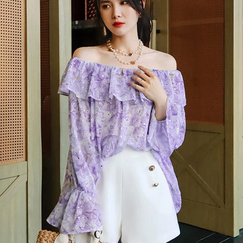 Load image into Gallery viewer, Patchwork Ruffles Shirts For Women Slash Neck Lantern Sleeve Loose Elegant Pullover Blouse Female Fashion Clothing
