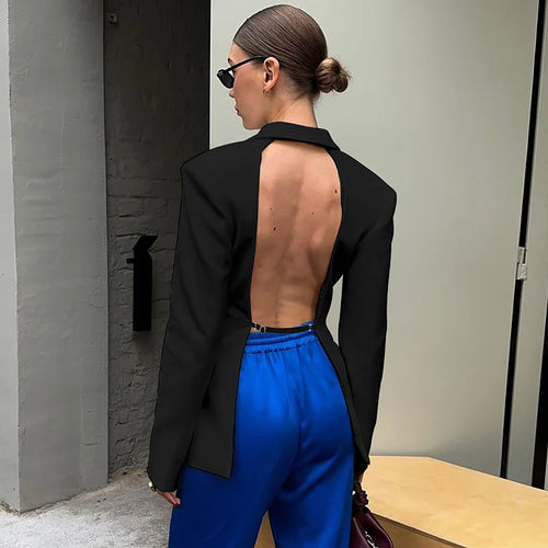 Load image into Gallery viewer, Autumn Long Sleeve Blazer Women Fashion Notched Collar Backless Pocket Suit Jacket Ladies Winter Elegant Blazers
