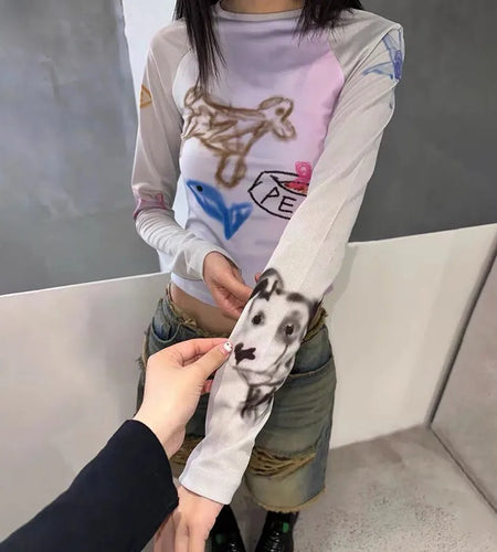 Y2k Graffiti Print T-shirt Korean Style Patchwork Mesh Tops Kpop Fashion Long Sleeve Crop Tops Japanese Harajuku Tshirt