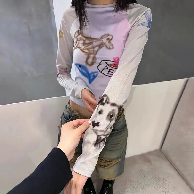Y2k Graffiti Print T-shirt Korean Style Patchwork Mesh Tops Kpop Fashion Long Sleeve Crop Tops Japanese Harajuku Tshirt
