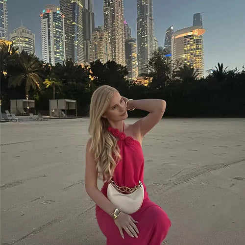 Load image into Gallery viewer, Rose Halter Off-shoulder Sexy Maxi Dress Women Rose Red Sleeveless Backless Lace-up High Waist Club Party Long Dress
