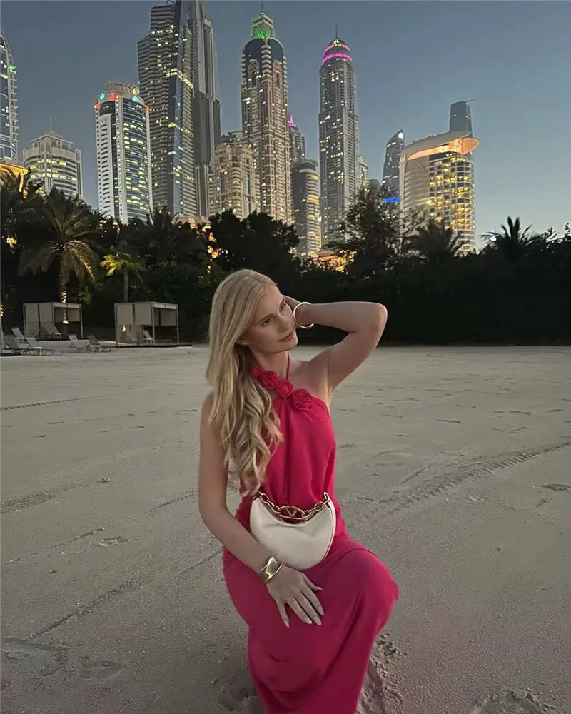 Rose Halter Off-shoulder Sexy Maxi Dress Women Rose Red Sleeveless Backless Lace-up High Waist Club Party Long Dress