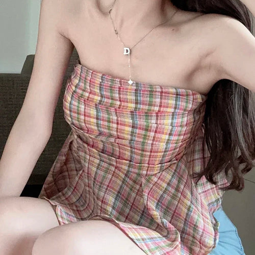 Load image into Gallery viewer, Strapless Blue Striped Chic Summer Women Camis Rainbow Pink Plaid Pleated Sleeveless Female Camis Sexy Fashion Streetwear
