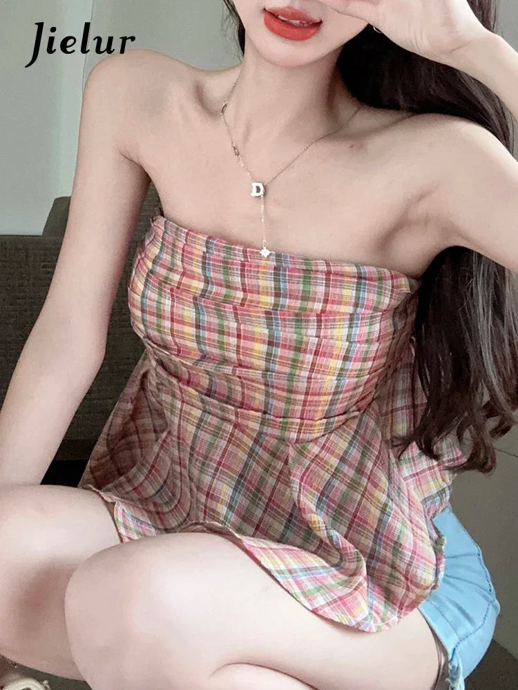 Strapless Blue Striped Chic Summer Women Camis Rainbow Pink Plaid Pleated Sleeveless Female Camis Sexy Fashion Streetwear