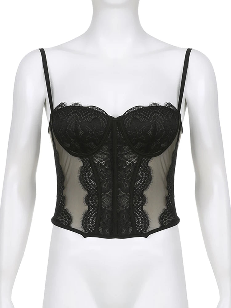 Fashion Milkmaid Black Skinny Corset Lace Top Elegant See Through Sexy Crop Tops Ladies Camisole Hook Bustier Outfits