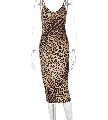 Leopard Print Slips Backless Sexy Bodycon Maxi Dress Summer Women Fashion Y2K Clothes Beach Festival Nightclub