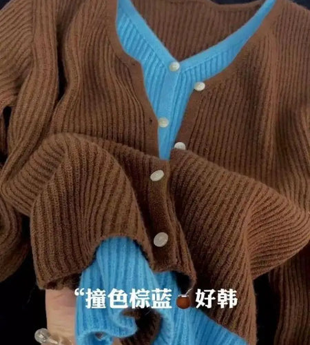 New 2024 Autumn Winter Women's Brown Blue Patchwork V Neck Cardigan Sweater Single Breasted Long Sleeve Fashion Versatile Tops