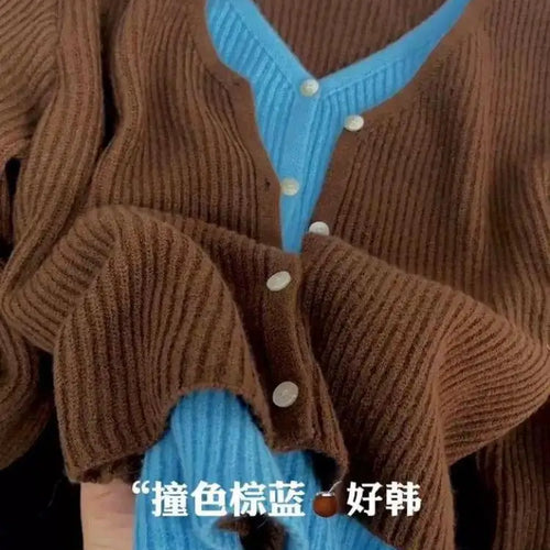 Load image into Gallery viewer, New 2024 Autumn Winter Women's Brown Blue Patchwork V Neck Cardigan Sweater Single Breasted Long Sleeve Fashion Versatile Tops
