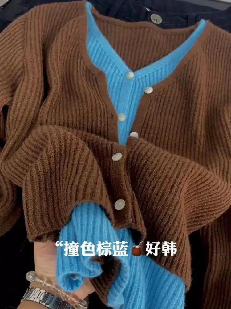 New 2024 Autumn Winter Women's Brown Blue Patchwork V Neck Cardigan Sweater Single Breasted Long Sleeve Fashion Versatile Tops
