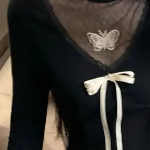 Load image into Gallery viewer, Harajuku Vintage Fairy Lace Patchwork Tees Y2k Aesthetic Slim Fit Women Sexy Butterfly T-shirt Streetwear Grunge Black Tshirts
