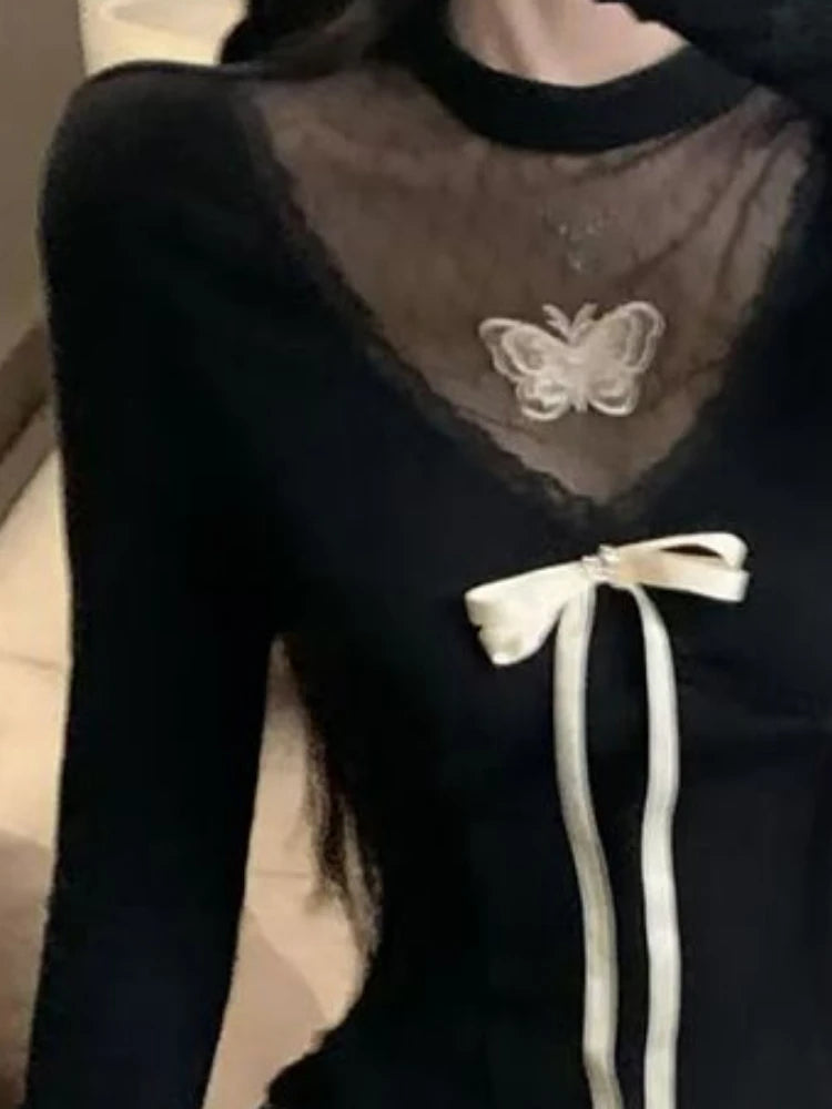 Harajuku Vintage Fairy Lace Patchwork Tees Y2k Aesthetic Slim Fit Women Sexy Butterfly T-shirt Streetwear Grunge Black Tshirts